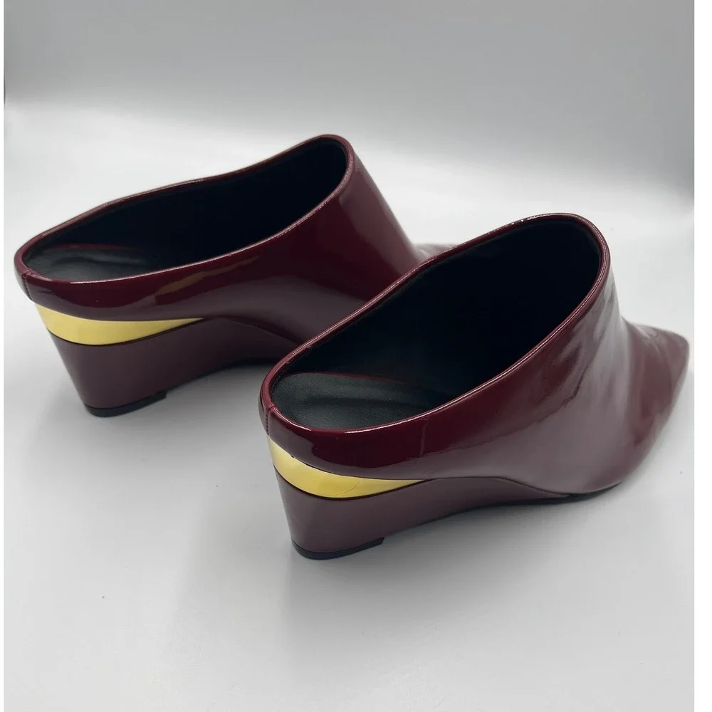 Burgundy Patent Pointed Toe Mule Wedge Heels Gold Accent Womens Size 11 EU42